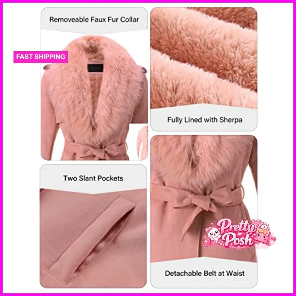 Faux Leather Trench Coat Fleece-Lined with Detachable Fur Collar - Picture 4 of 7